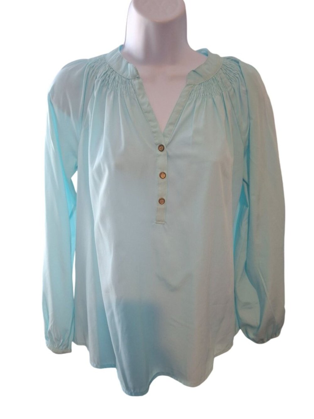 Buckhead Betties Womens S Aqua Blue Blouse Smocked Neck Coastal Preppy Tunic